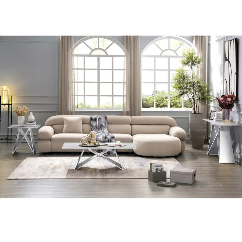 Console en verre trempé blanc avec piètement en forme de M et base miroir.