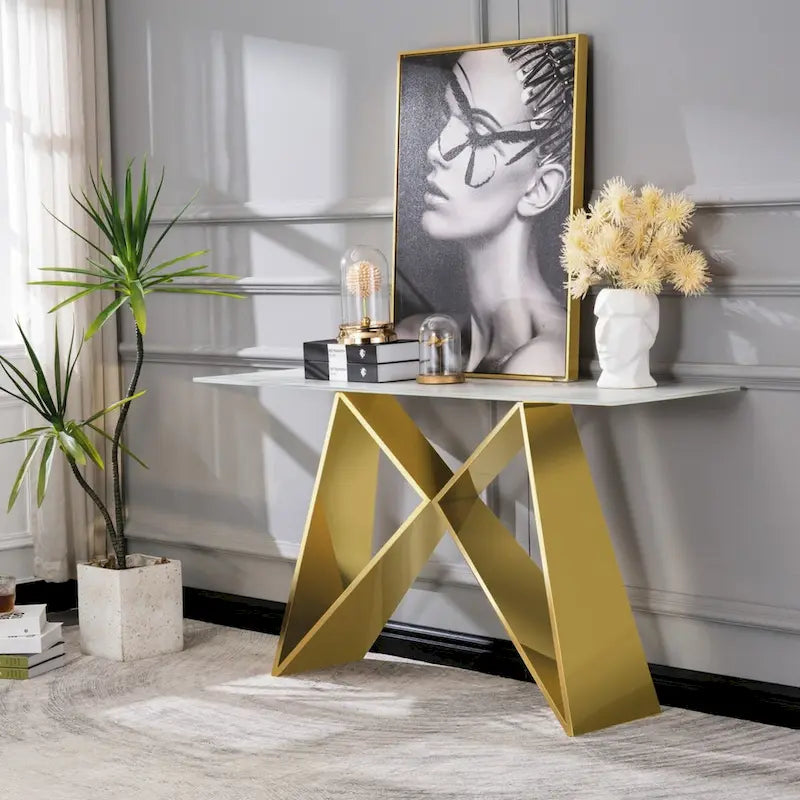 Console en verre trempé blanc avec piètement en forme de M et base miroir.