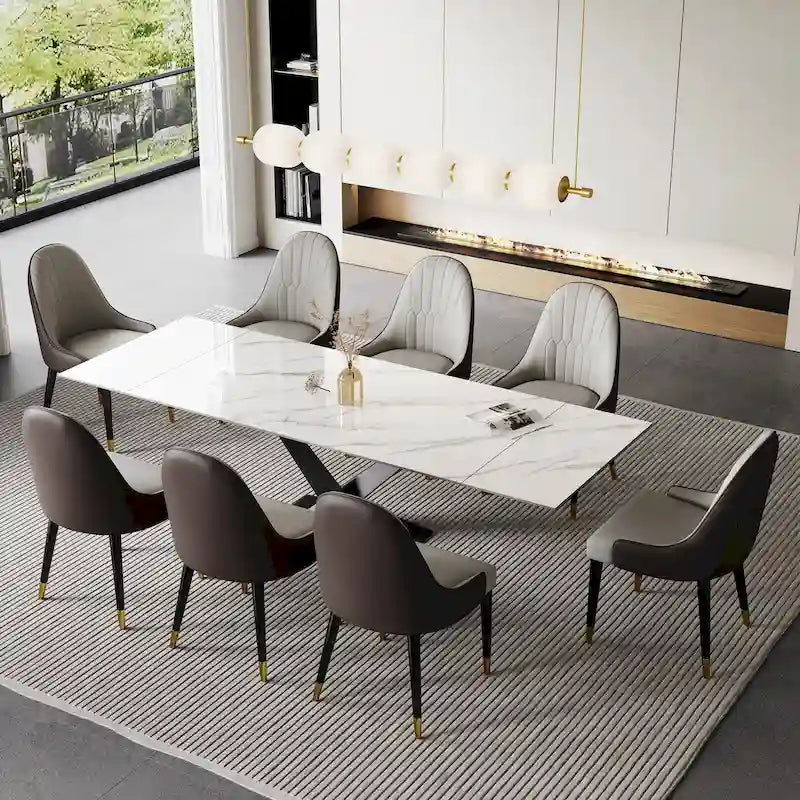 Ensemble de salle à manger extensible 9 pièces en pierre frittée (94,48 po) avec 8 chaises