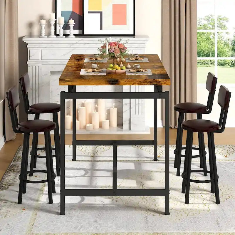 Mieres Industrial Style Rustic 5 Pieces Dining Table Set, Counter Height Dining Table with 4 Upholstered Bar Chairs