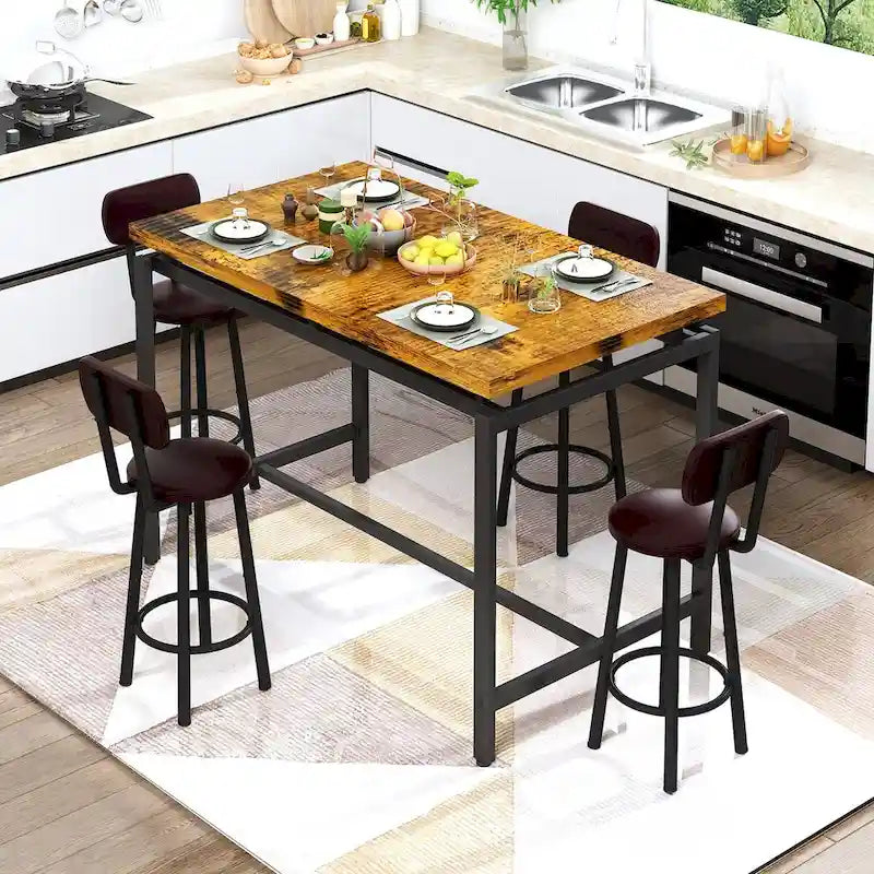 Ensemble de salle à manger rustique de style industriel Mieres, 5 pièces : table haute avec 4 chaises de bar rembourrées.