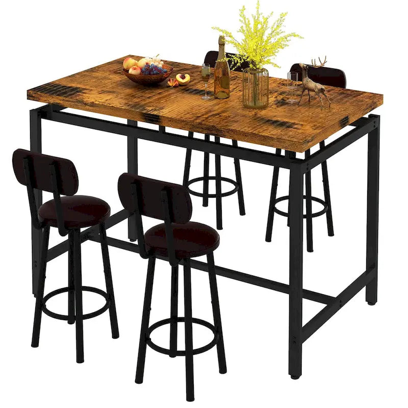 Ensemble de salle à manger rustique de style industriel Mieres, 5 pièces : table haute avec 4 chaises de bar rembourrées.