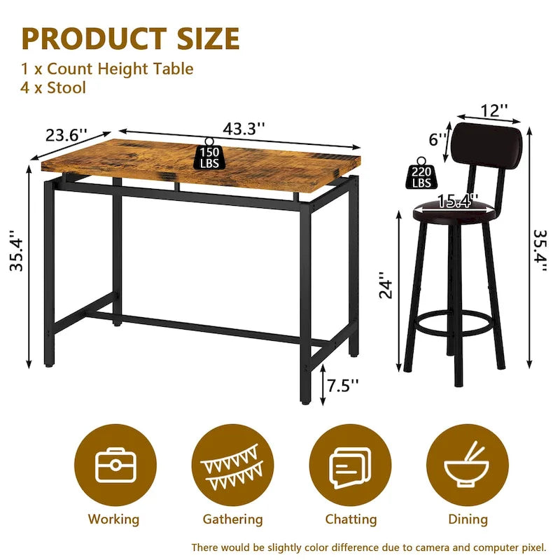 Ensemble de salle à manger rustique de style industriel Mieres, 5 pièces : table haute avec 4 chaises de bar rembourrées.