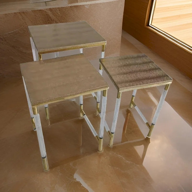 Set of 3 Nesting Side End Tables, Faux Leather Top, Clear Acrylic Legs