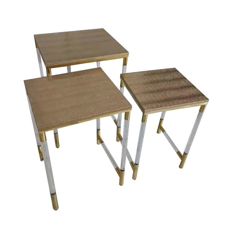 Ensemble de 3 tables d'appoint gigognes, plateau en similicuir, pieds en acrylique transparent