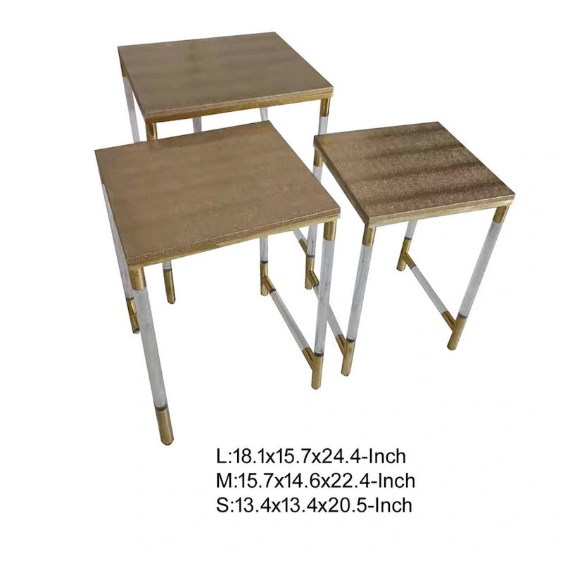Ensemble de 3 tables d'appoint gigognes, plateau en similicuir, pieds en acrylique transparent