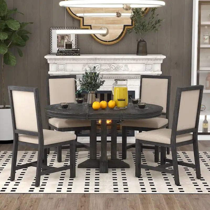 5-Piece Dining Set Extendable Round Table and 4 Upholstered Chairs