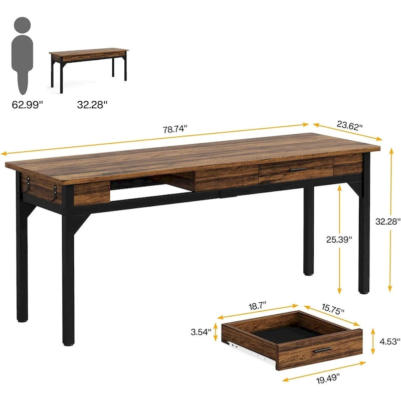 Bureau d'ordinateur extra long de 200 cm (78,7 pouces), bureau pour deux personnes pour bureau à domicile