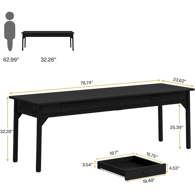 Bureau d'ordinateur extra long de 200 cm (78,7 pouces), bureau pour deux personnes pour bureau à domicile