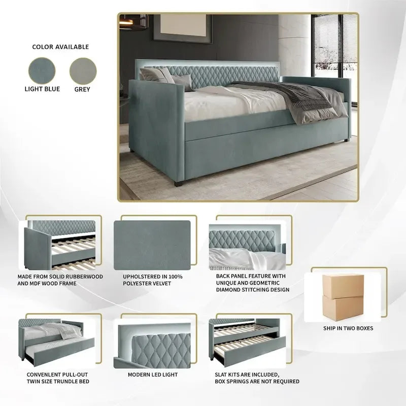 Lit de jour contemporain CraftPorch en velours avec lit gigogne